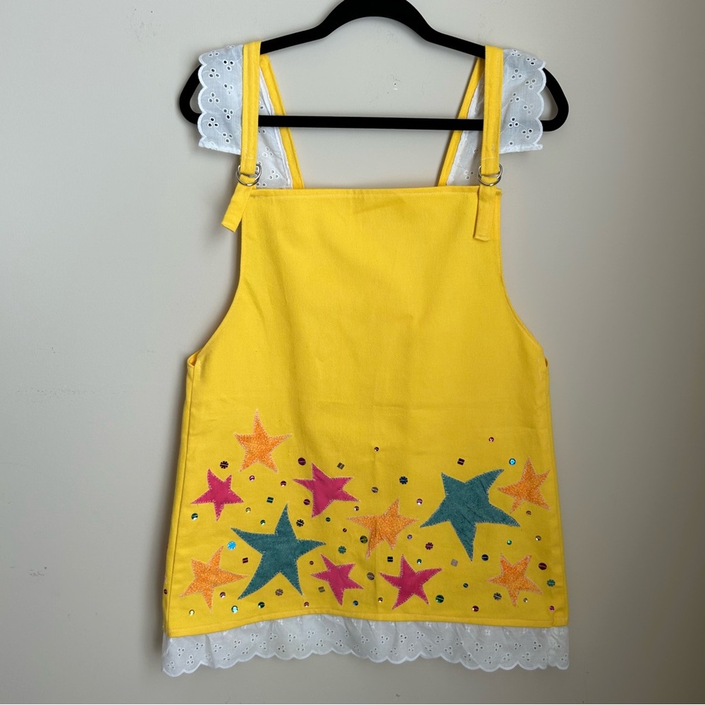 Yellow Overall Skirt Jumper Dress Featuring Star Designs & Lace Trim Handmade
